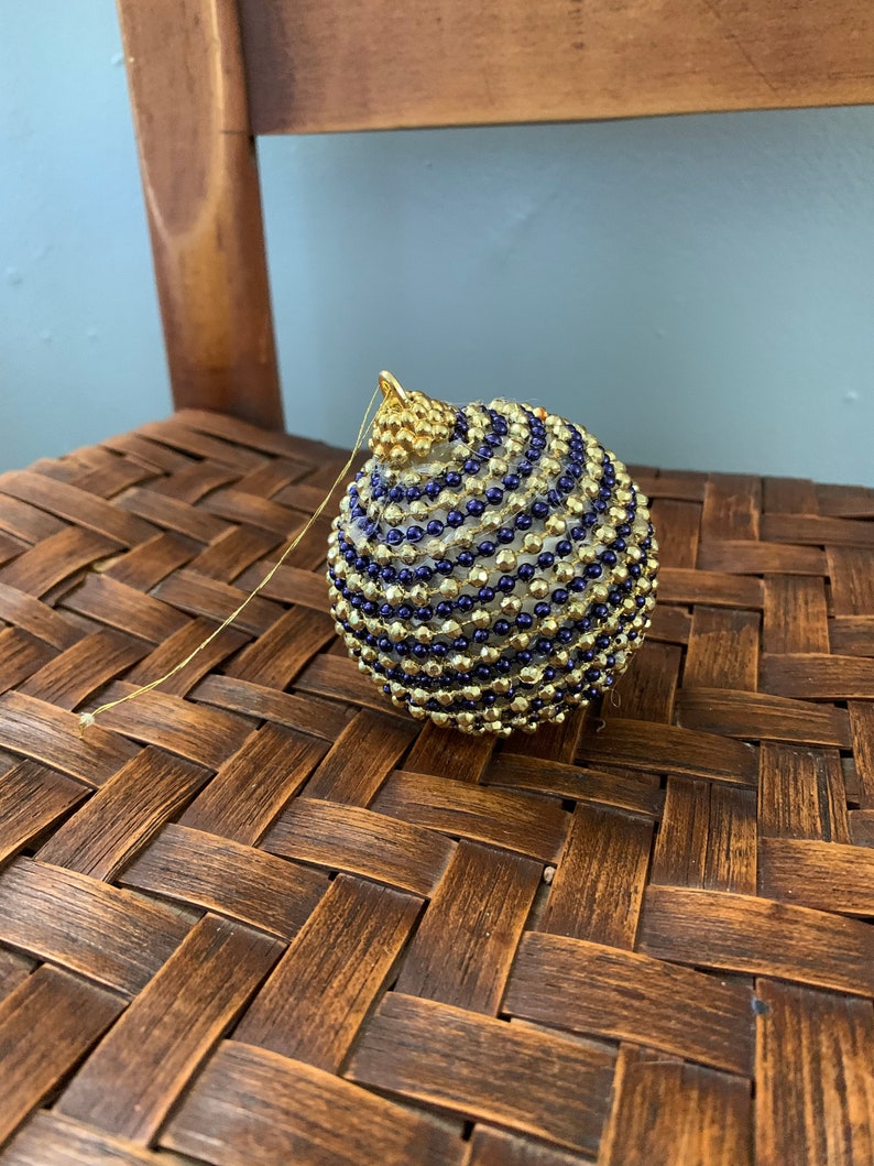 Handmade Ornaments Vintage Christmas Bulb 1960 Christmas Tree Ornaments 1-Blue Gold Beaded Holiday Ornament Retro Christmas Decoration
