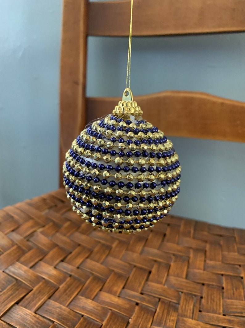 Handmade Ornaments Vintage Christmas Bulb 1960 Christmas Tree Ornaments 1-Blue Gold Beaded Holiday Ornament Retro Christmas Decoration