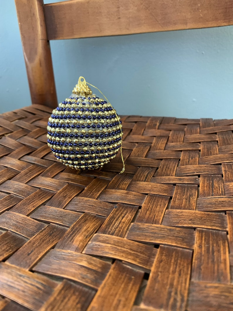 Handmade Ornaments Vintage Christmas Bulb 1960 Christmas Tree Ornaments 1-Blue Gold Beaded Holiday Ornament Retro Christmas Decoration