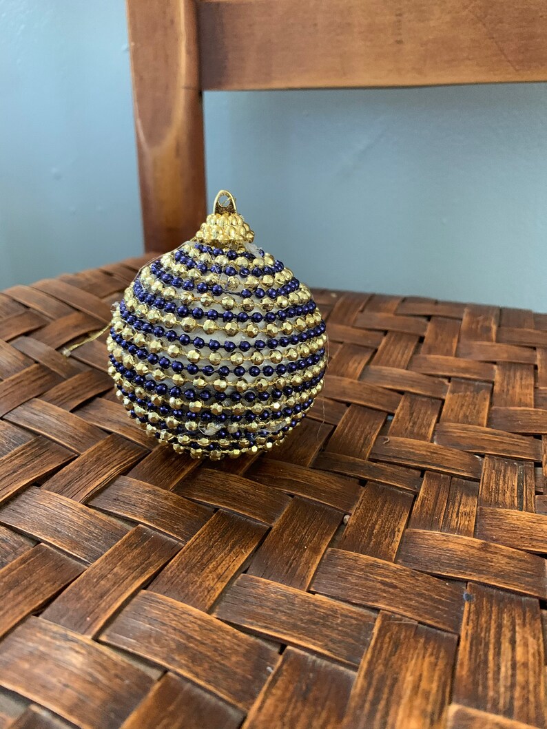 Handmade Ornaments Vintage Christmas Bulb 1960 Christmas Tree Ornaments 1-Blue Gold Beaded Holiday Ornament Retro Christmas Decoration