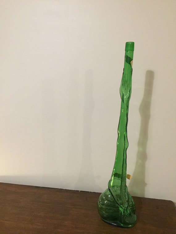 Snail Glass Bottle Tall Green Snail Italian Glass Wine Bottle Vintage Decanter Shell Wine Bottle Rare Chianti Wine 1960s Liquor - 