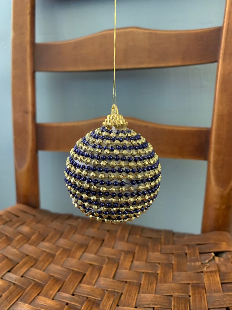 Handmade Ornaments Vintage Christmas Bulb 1960 Christmas Tree Ornaments 1-Blue Gold Beaded Holiday Ornament Retro Christmas Decoration