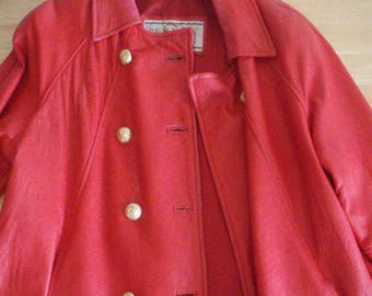 Women's Red Leather Coat - '70s Vintage, Beautiful - women's small