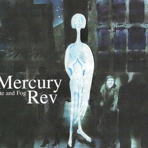 May include: Album cover art for "Mercury" by Nite and Fog Rev. The image features a pale, skeletal figure with a long neck and a ghostly appearance. The background is dark with a few figures and the album title.