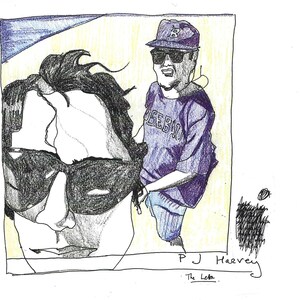 May include: A pencil sketch of two people wearing sunglasses. One person is wearing a purple baseball cap and a purple t-shirt with the text "GEBAY". The other person is wearing large sunglasses. The artwork is signed "P.J. Harvey".