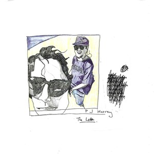 May include: A hand-drawn illustration featuring two figures wearing sunglasses. One figure is in the foreground, and the other is in the background wearing a purple shirt and hat. The text "The Leta" and "P J Harvey" are written below the image.