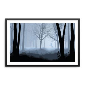 May include: A misty forest scene with a silhouette of a rider on horseback in the distance. The trees are bare and the ground is covered in fog.