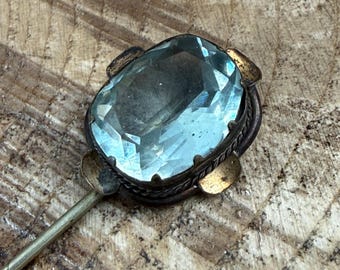 Antique Blue Glass Stick Pin, Victorian Cushion Cut Tie Pin