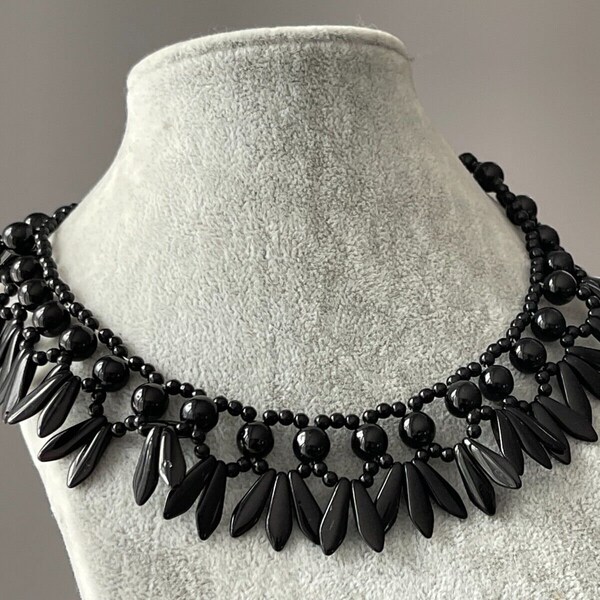 Vintage French Jet Necklace Black Glass Choker Collar Beaded Fan Spring Ring