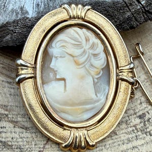 May include: An oval brooch featuring a carved cream-coloured shell cameo of a profile portrait set within a textured gold-tone metal frame. The frame includes decorative fluted accents at the top and bottom, and a metal pin mechanism on the side.