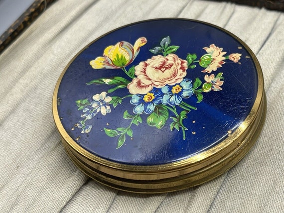 Vintage Powder Compact Mirrored Brass Pink Rose F… - image 2