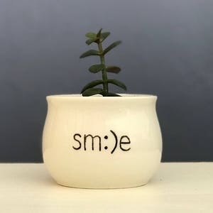 May include: White ceramic planter with a rounded shape and the word "sm:)e" written on the front. A small green succulent plant is growing inside the planter.