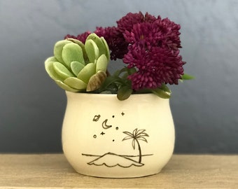 Hand-Painted Succulent Planter Beach Stars Milky Way 2 Inch Mini Pot Porcelain Jewelry Cup Pencil Holder NavigateNorth FREE coaster included