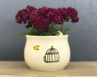 Hand-Painted Mini Bird Cage Canary Be Free Planter succulent Pot Jewelry Cup Pencil Holder by NavigateNorth FREE bamboo coaster included!