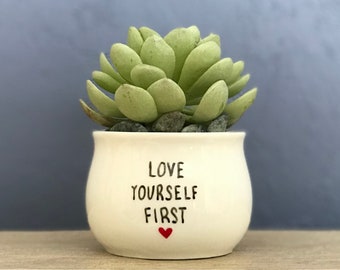 Hand-Painted Mini Planter Pot Love Yourself First 2 Inch Succulent Planter Jewelry Cup Pencil Holder NavigateNorth FREE coaster included