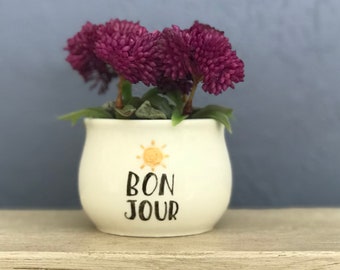 Hand-Painted Mini Planter Bonjour Sun 2 Inch Porcelain Succulent Pot Jewelry Cup Pencil Holder NavigateNorth FREE bamboo coaster included!