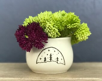 Hand-Painted Mini Planter Pot Mountain Starry Night Porcelain Succulent Planter Jewelry or Pencil Holder NavigateNorth FREE coaster included