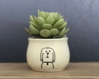 Puppy Hand-Painted Mini Planter 2 Inch Porcelain Succulent Pot Jewelry Cup Pencil Holder by NavigateNorth FREE bamboo coaster included!