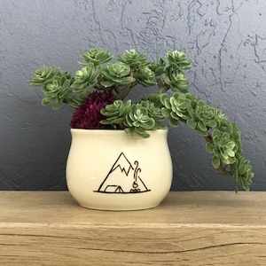 May include: A white ceramic planter with a black illustration of a mountain range, a tent, and a campfire. The planter is filled with a green succulent plant.