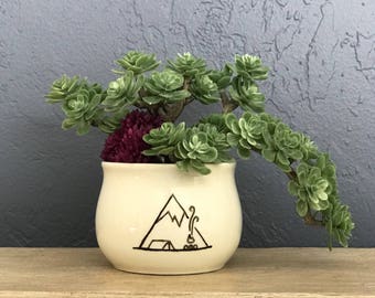 Hand-Painted Planter Mini Planer Pot Camping in the Mountains for Succulents Gifts Best Selling Item NavigateNorth FREE coaster included