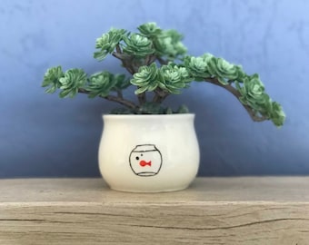 Fish Bowl Hand-Painted Mini Planter Pot 2 Inch Goldfish Succulent Planter Jewelry Cup Pencil Holder NavigateNorth FREE coaster included