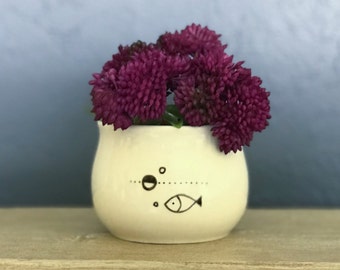 Hand-Painted Fish and Bubbles Mini Succulent Planter Inexpensive Gifts Best Selling Item Jewelry Holder NavigateNorth FREE coaster included