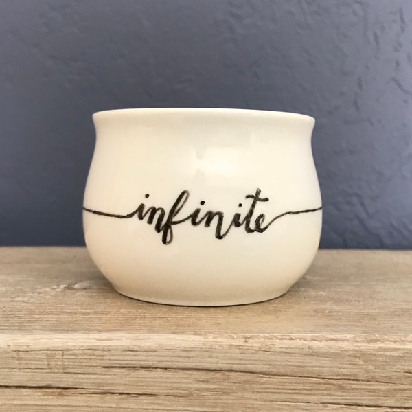 Hand-Painted Mini Planter Infinite Love Quote 2 Inch Porcelain Succulent Planter Strong Woman Jewelry Cup Pencil Holder NavigateNorth