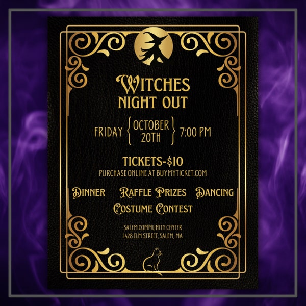 Black and Gold Halloween Party Flyer Editable Canva Template Witches Night Out Invitation Elegant Digital Invite