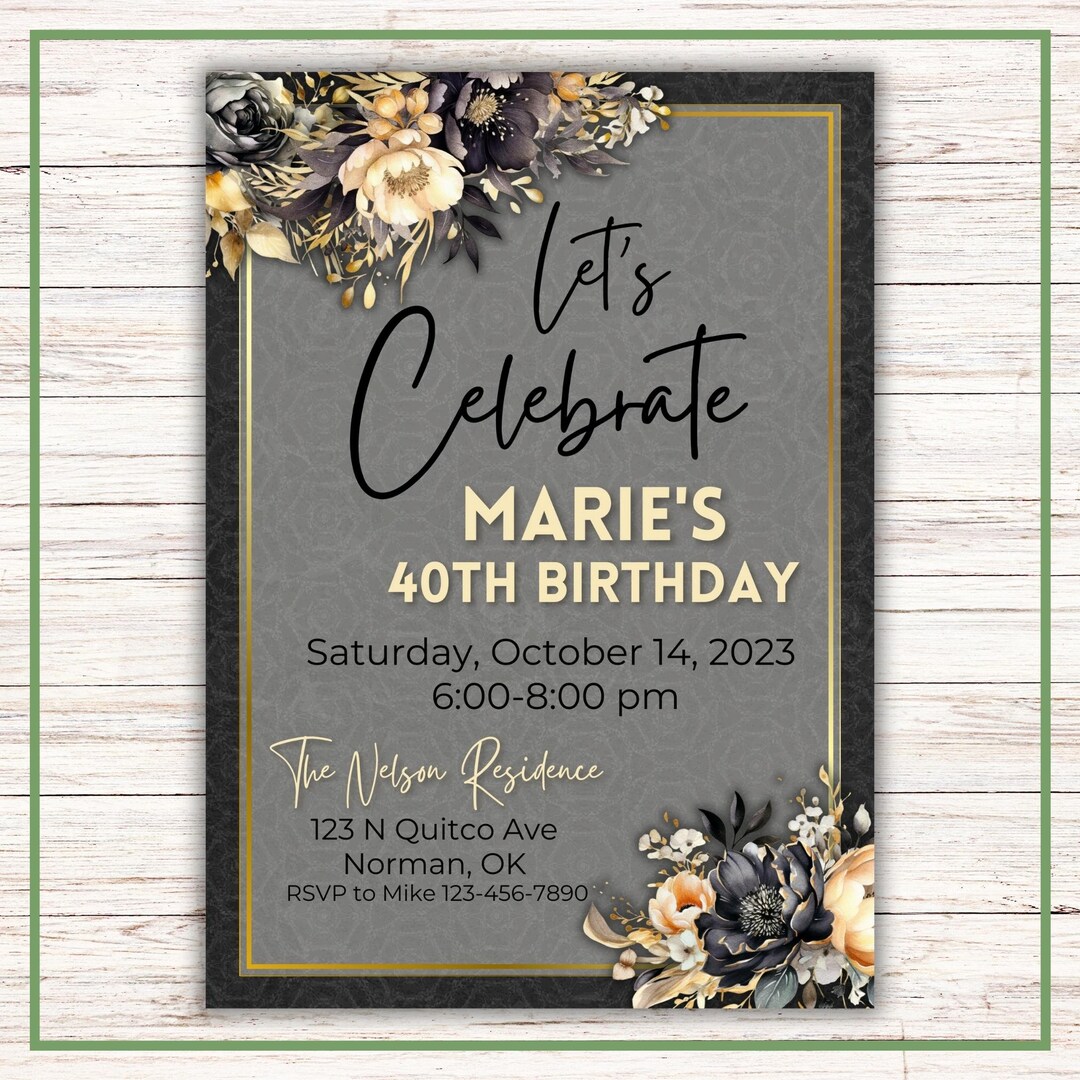 Black and Gold Floral Invitation Canva Template, Editable, Birthday ...