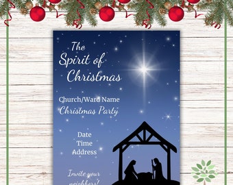 Może przedstawiać: Zaproszenie na świąteczne przyjęcie w kolorze niebieskim i fioletowym z sylwetką sceny narodzin. Tekst brzmi: "The Spirit of Christmas", "Church/Ward Name", "Christmas Party", "Date", "Time", "Address", "Invite your neighbors!" oraz "Casto Family Creations".