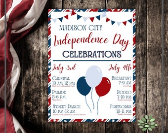 May include: A white flyer with red, white, and blue stripes and stars. The flyer advertises Independence Day celebrations in Madison City, July 3rd and 4th. Events include a carnival, parade, street dance, breakfast, rodeo, and fireworks.