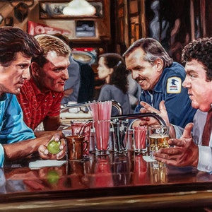May include: Four men sitting at a bar counter, talking and drinking. The man on the left is wearing a blue shirt, the man in the middle is wearing a red shirt, the man on the right is wearing a blue shirt with a postal service patch, and the man in the background is wearing a gray suit. There are glasses of beer and mixed drinks on the counter.
