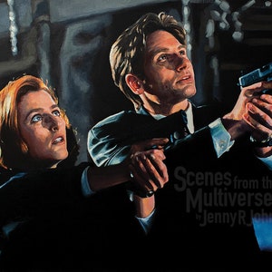 May include: A painting of two people, a woman with red hair and a man with brown hair, looking up and holding guns. The painting is titled "Scenes from the Multiverse" by Jenny R. Johnson.