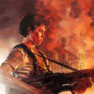 Ellen Ripley Aliens Art Print - Sigourney Weaver Xenomorph Flame Thrower Aliens Movie Oil Painting