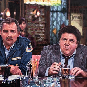 May include: A painting of two men sitting at a bar, each holding a glass of beer. The man on the left is wearing a blue jacket with a postal service patch. The man on the right is wearing a gray suit jacket and a tie. The painting is titled "Scenes from the Multiverse" by Jenny R. Johnson.