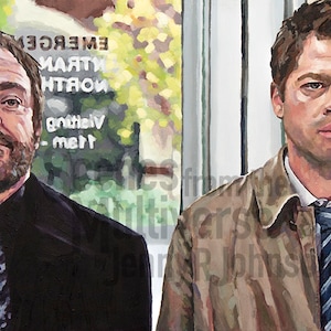 Pode incluir: Uma pintura de dois homens de pé lado a lado. O homem à esquerda está vestindo um terno preto com uma gravata estampada. O homem à direita está vestindo uma jaqueta marrom com uma gravata listrada azul e branca. Ambos os homens têm expressões sérias em seus rostos.