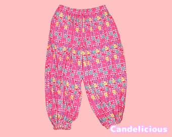 Handmade Pink Gingham Check and Candy Hearts Printed  Balloon Pants Baggy Harem Pants Harajuku Kawaii Decora J-fashion Festival Rave Kidcore