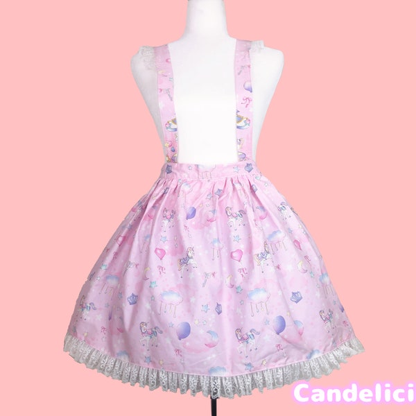 Handmade Pink Merry Go Round Suspender Skirt Dress Jumper Skirt Lolita Kawaii cute jsk  lace gothic bow lace star harajuku fashion unicorn