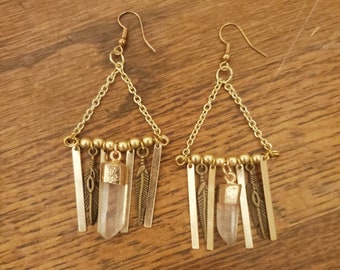 Boucles d'oreilles Boho Gold Dangle Feather Crystal