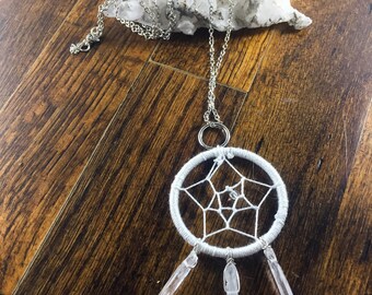 Raw Quartz Crystal Boho Dreamcatcher Pendant Necklace