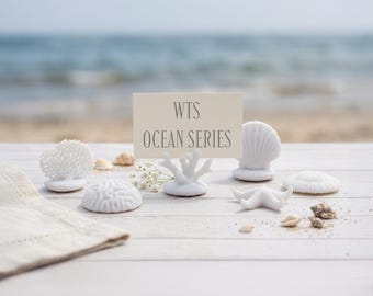 May include: A white card holder shaped like a coral branch displays a rectangular sign with the text WTS OCEAN SERIES. The display is surrounded by various white ceramic sea life figures including a shell, starfish, and coral pieces.