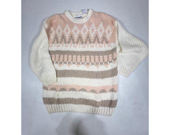 Vintage Midnight Blues Fair Isle Strick Pullover Damen L Creme Rosa Braun