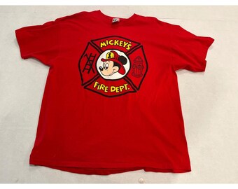Vintage Einfachstich Disney Micky Maus Fire Dept Rot T-Shirt Einheitsgröße