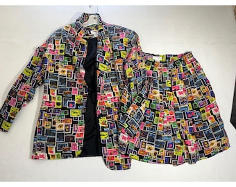 Ann Taylor Studio Seidenstempel Print Blazer Rock Set Damen klein VINTAGE