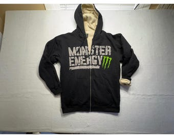Herren Schwarz Monster Energy Sherpa Lined Zip Hoodie Groß y2k