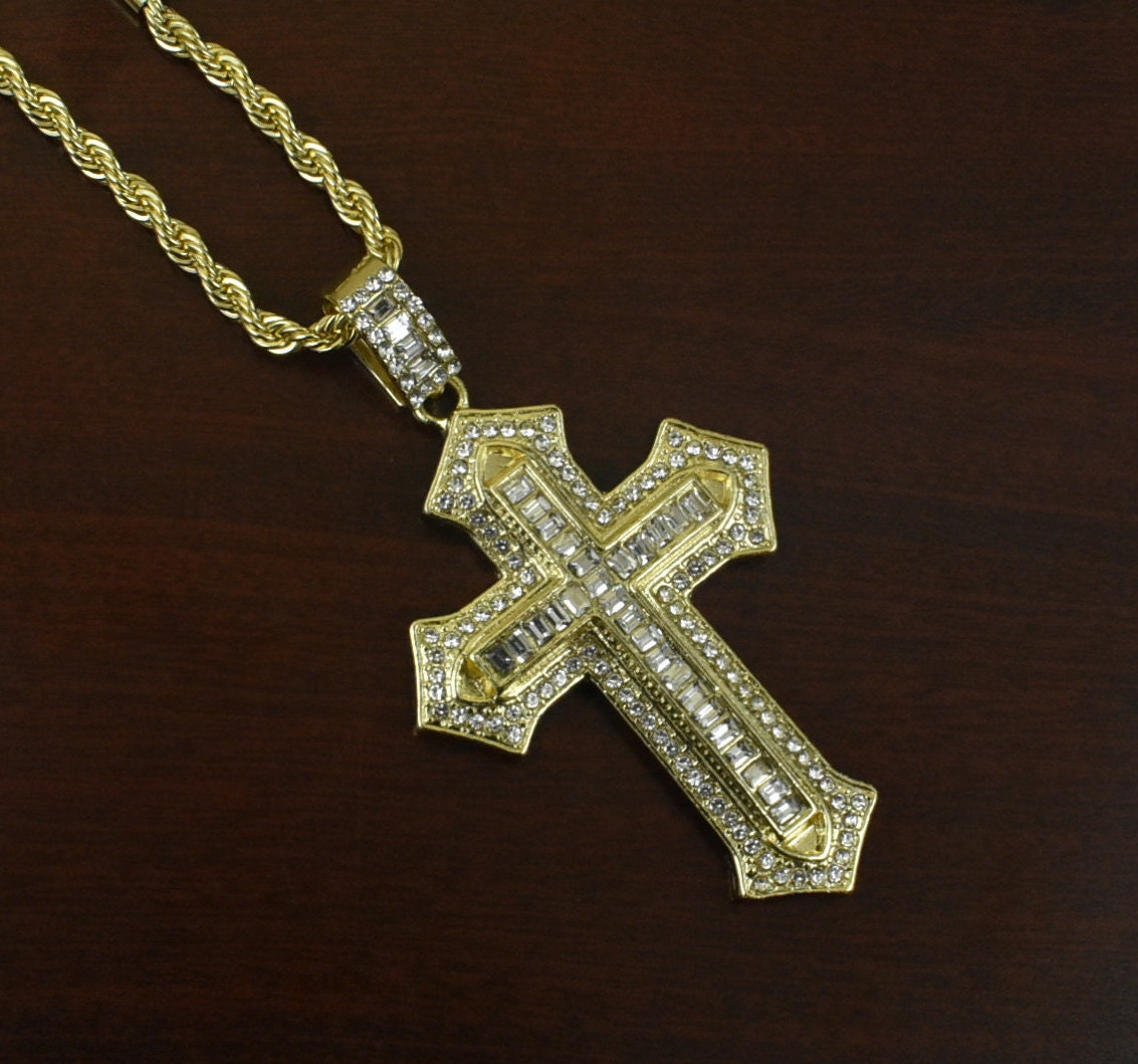 Cross Pendant Brass Gold Finish Iced Out Cross Pendant With Etsy