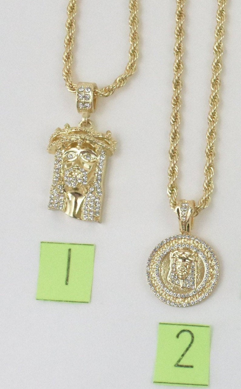 Brass Gold Finish hip hop Rhinestone Jesus face or Lion Face or Praying Hand Pendant With 24 inch Rope Chain