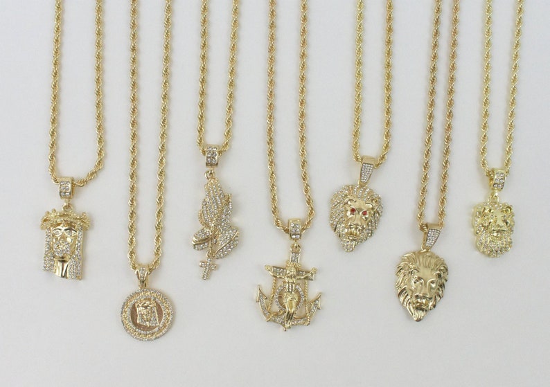 Brass Gold Finish hip hop Rhinestone Jesus face or Lion Face or Praying Hand Pendant With 24 inch Rope Chain