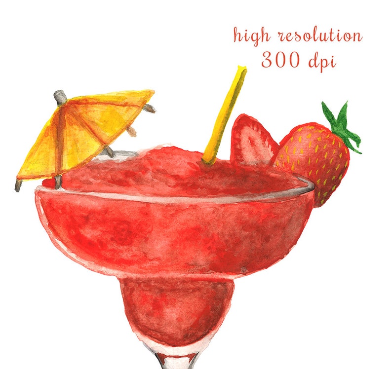 Strawberry Daiquiri Watercolor Drink Cocktail Illustration Etsy