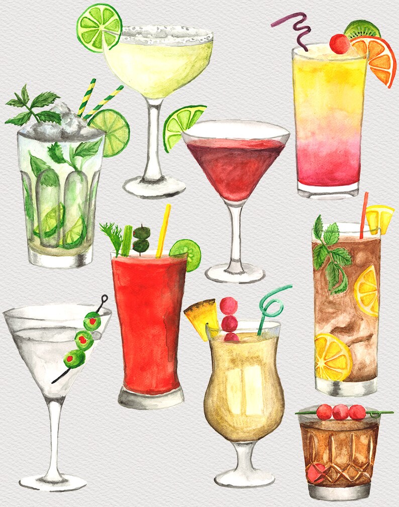 Watercolor Cocktail Printable Wall Art Set of 10 Home Decor Etsy